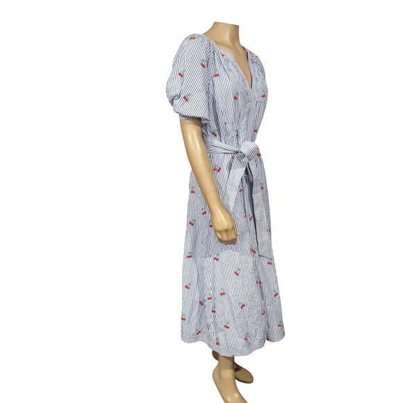 Boden Bria Embroidered Seersucker Cherry Embroidered Midi Dress V-Neck Pockets - Picture 9 of 11